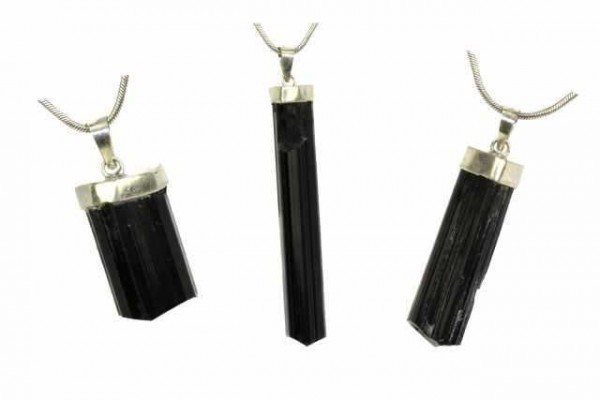 Turmalin-Kristall Anhänger schwarz 30-40mm mit Kappe aus Sterlingsilber