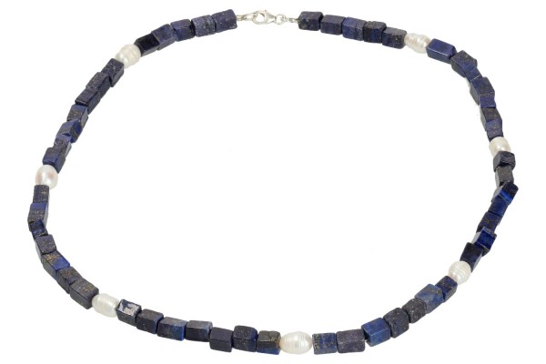 Lapis und Süßwasserperle Squarekette 4x7-8mm/45cm Karabiner Silber 925