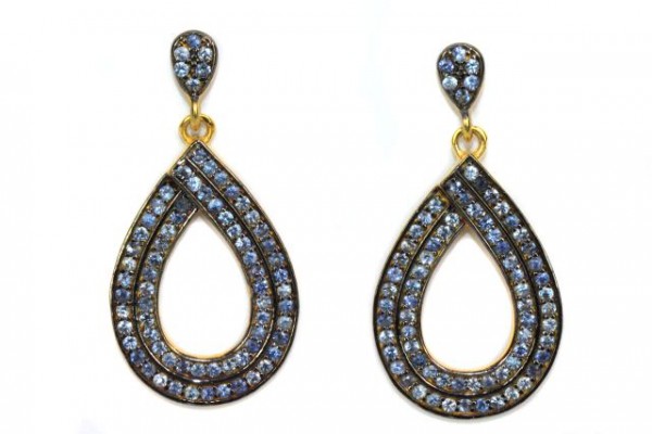 Ohrhänger oval 19x37mm mit 144 blauen Saphiren in vergoldetem Silber 925, Pin 9k