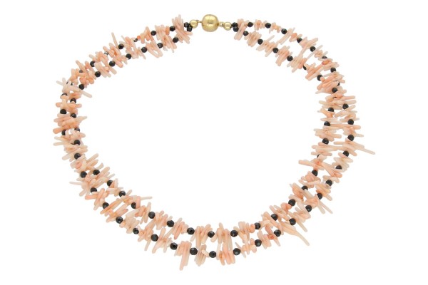2-reihiges Collier 10-15mm/44cm mit vergoldeter Magnetschließe, Koralle + Spinell