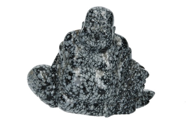 Buddha mit Mala links und Bündel 125x95x60mm, Schneeflocken Obsidian