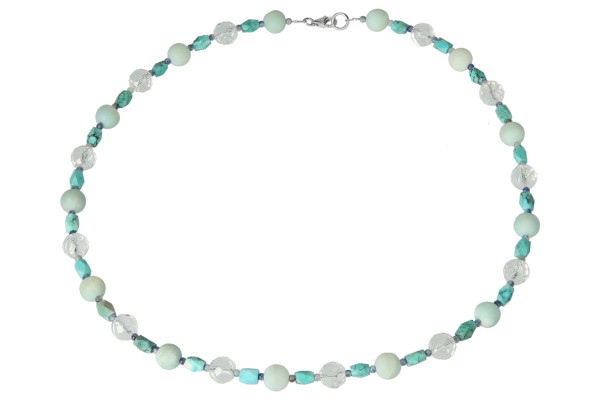 Kette 8mm/45cm mit Amazonit, Bergkristall,Türkis und Silberkarabiner