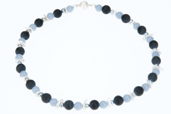 Angelit, Onyx und Perlen Collier 15mm/52cm mit Magnetschließe Silber 925