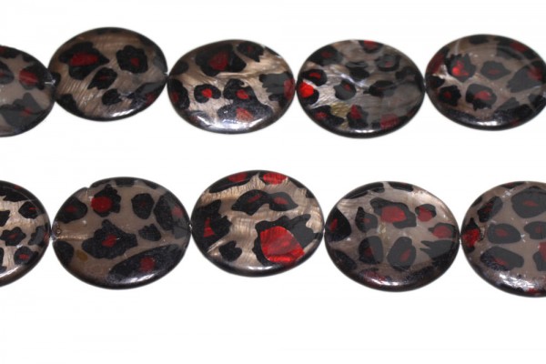 Coinstrang 30mm/38cm, Perlmutt mit Leoparden-Muster rot-schwarz bedruckt