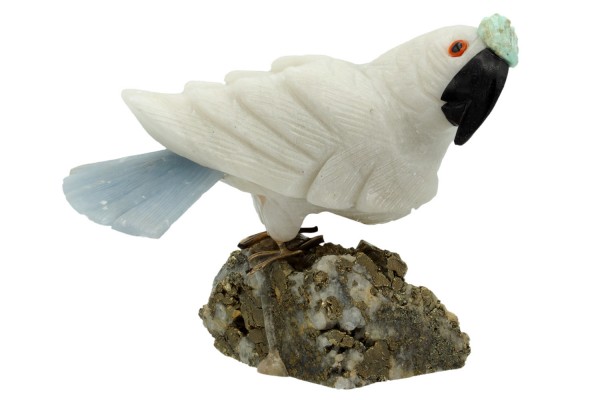 Kakadu auf Mineral 80x70x45mm, weißer Onyx + Angelit