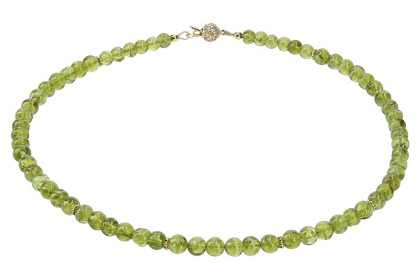 Peridot Kugelkette 7mm/40cm mit vergoldeter Silberschließe