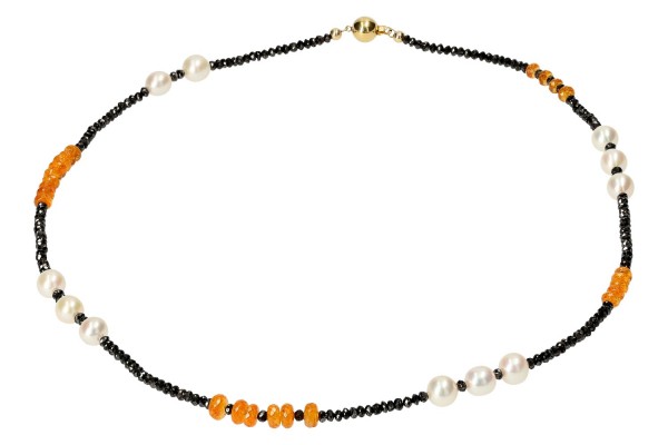 Damen Designkette 3-9mm/55cm, Diamant,Mandarin-Granat, Akoya-Perle GG-Schließe18k