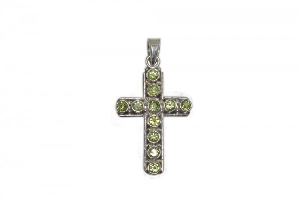 Kreuz-Anhänger 28x53mm mit 11 facettierten, runden Peridots in AG 925