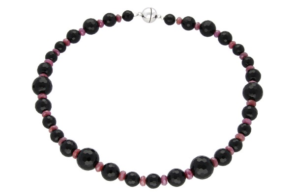 Onyx mit Rubin Collier 10-15mm/50cm mit Magnetschließe Silber 925