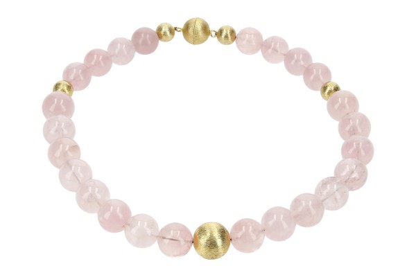 Rosenquarz Kugelkette 12-20mm/50cm mit vergoldeten Silberkugeln und Schließe
