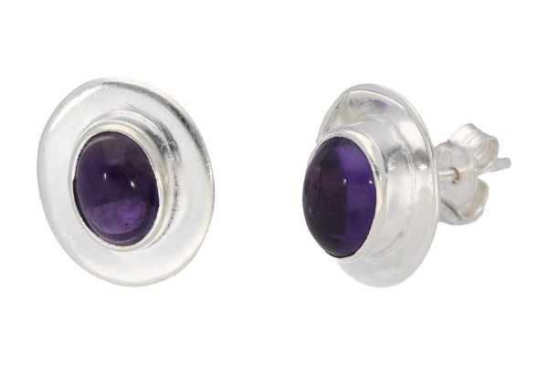 Ohrstecker oval 11x13mm mit Krempe, Amethyst in Sterlingsilber 925