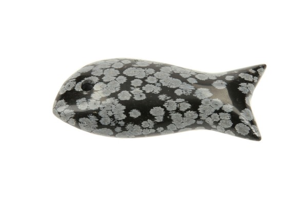 Fisch Anhänger 80x32x20mm aus Schneeflocken-Obsidian