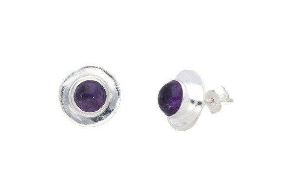 Ohrstecker rund 12-13mm mit Krempe, Amethyst in Sterlingsilber 925