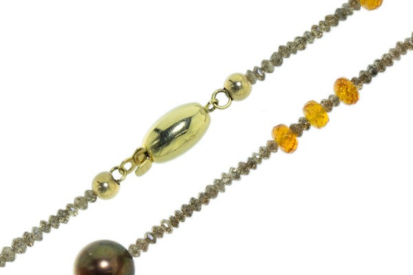 Designkette 2,5-10mm/52cm, Diamant braun, Mandarin-Granat,Tahitiperle, Gelbgold-Schließe 14k