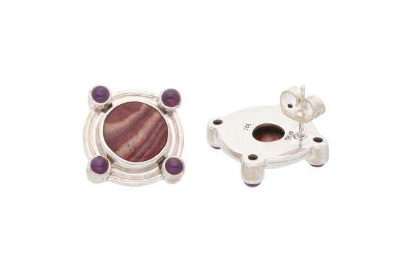 Ohrstecker 20mm mit Rubin+Jaspis-Cabochons in Silber 925