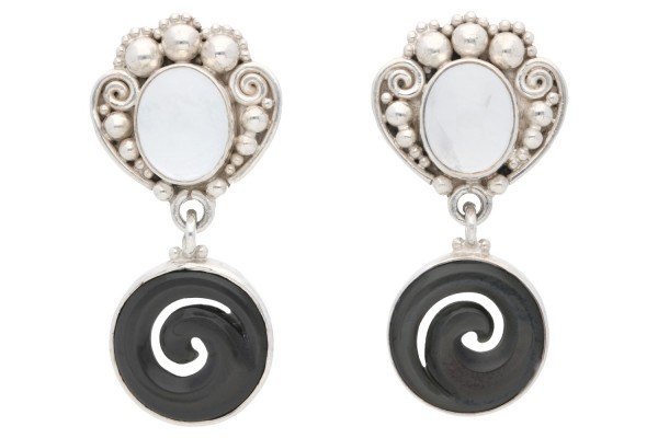 Ohrstecker 16x32mm mit weißem Mondstein + Hämatin in Silber 925