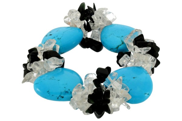 Armband 25mm/18-19cm, blaue Magnesit-Herzen, Onyx+Bergkristall-Chips