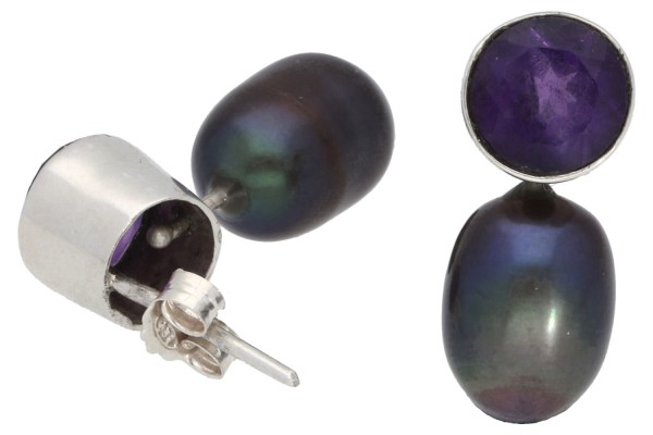 Ohrstecker mit facettiertem Amethyst und schwarzer Süßwasserperle in Silber 925